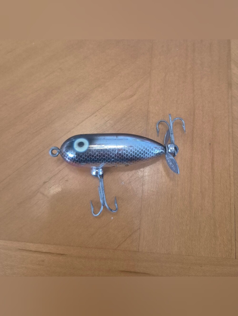 Vintage Heddon Tiny Torpedo Topwater Fishing Lure Black Chrome Scale 2" Prop